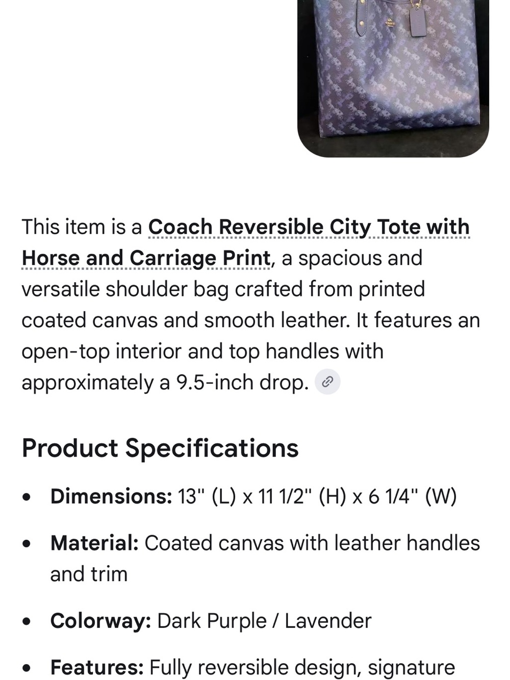 Coach #006 Purple Reversible Signature Horse & Carriage Tote - Picture 8 of 13